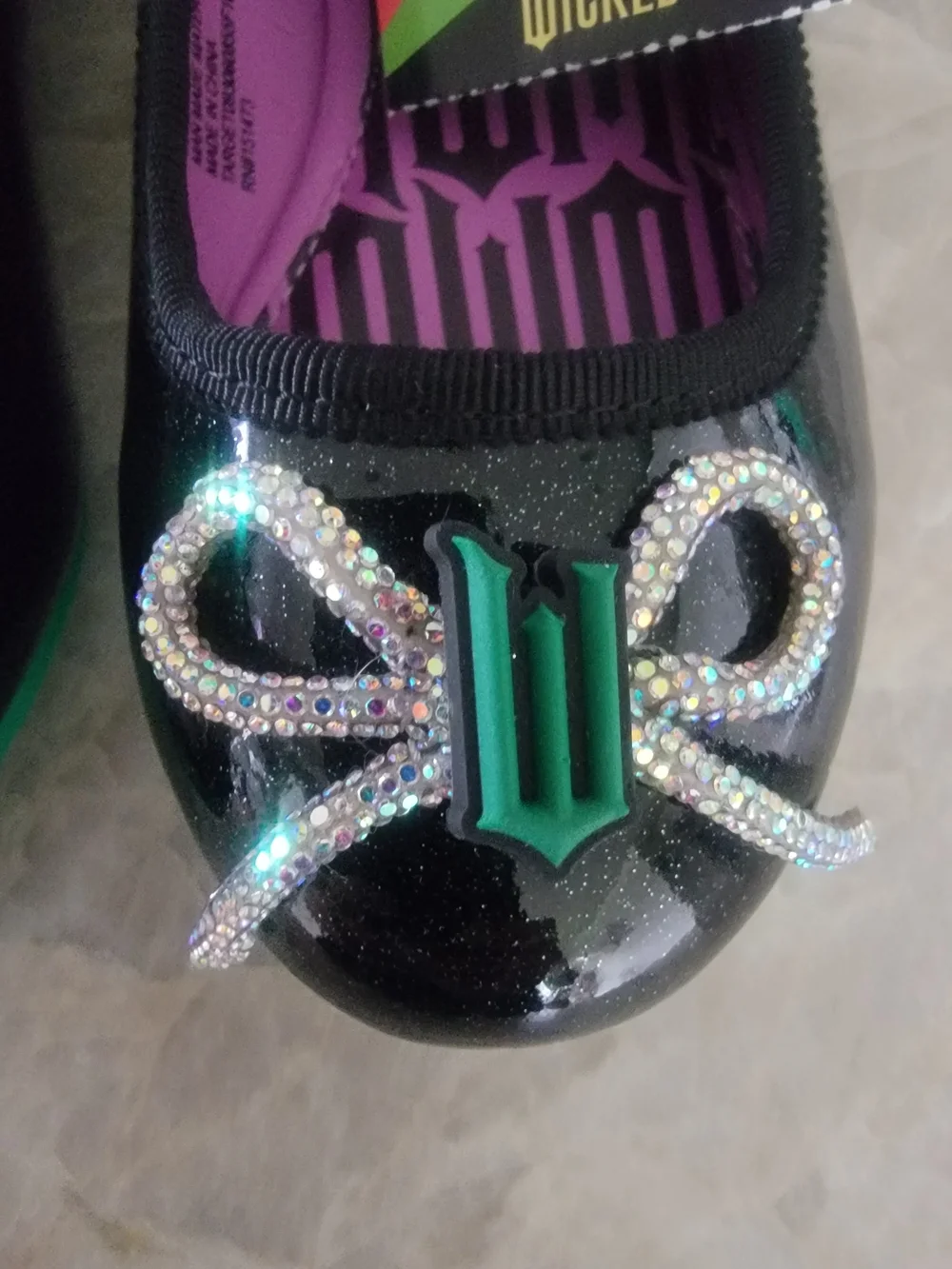 Kids Black Ballet Flats with Purple Insole and Green Accent -Wicked Size 3 & 11T